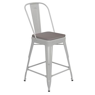 Emma and Oliver Kam Metal Indoor-Outdoor Stool with Removable Back and All-Weather Polystyrene Seat