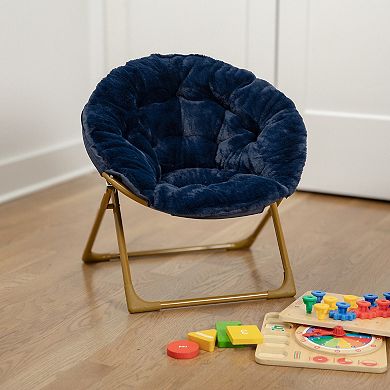 Emma And Oliver Io Kid's Folding Saucer Chair With Cozy Faux Fur Upholstery And Metal Frame