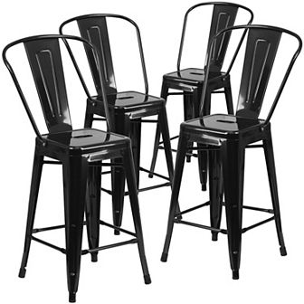 Emma and Oliver Commercial Grade 4 Pack 24" High Metal Indoor-Outdoor Counter Height Stool with Back