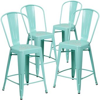 Emma and Oliver Commercial Grade 4 Pack 24" High Metal Indoor-Outdoor Counter Height Stool with Back