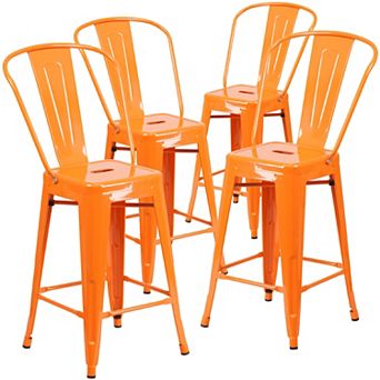 Emma and Oliver Commercial Grade 4 Pack 24" High Metal Indoor-Outdoor Counter Height Stool with Back