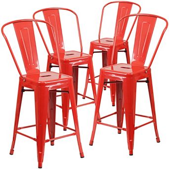Emma and Oliver Commercial Grade 4 Pack 24" High Metal Indoor-Outdoor Counter Height Stool with Back