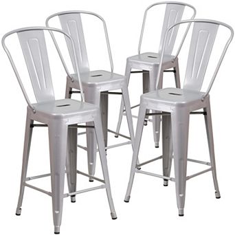 Emma and Oliver Commercial Grade 4 Pack 24" High Metal Indoor-Outdoor Counter Height Stool with Back