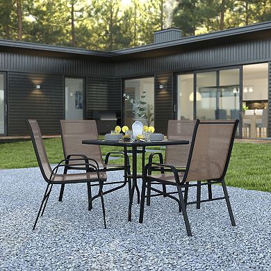 Emma and Oliver Five Piece Patio Dining Set - Square Table with Powder Coated Frame and Tempered Glass Top & 4 Flex Comfort Stack Chairs