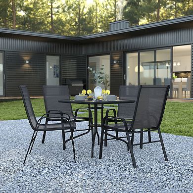 Emma and Oliver Five Piece Patio Dining Set - Square Table with Powder Coated Frame and Tempered Glass Top & 4 Flex Comfort Stack Chairs