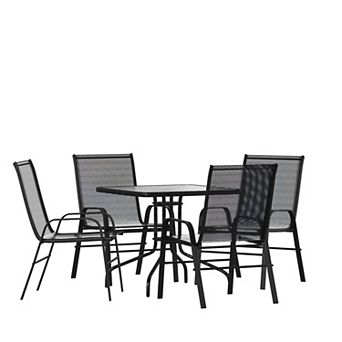 Emma and Oliver Five Piece Patio Dining Set - Square Table with Powder Coated Frame and Tempered Glass Top & 4 Flex Comfort Stack Chairs