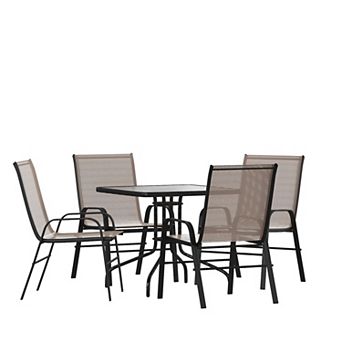 Emma and Oliver Five Piece Patio Dining Set - Square Table with Powder Coated Frame and Tempered Glass Top & 4 Flex Comfort Stack Chairs