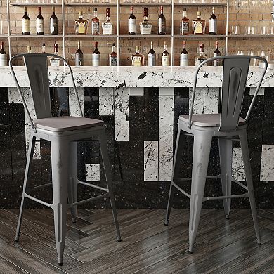 Emma and Oliver Nova Distressed Metal Stools with Backs and Polystyrene Seats for Indoor/Outdoor Use