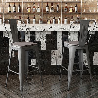 Emma and Oliver Nova Distressed Metal Stools with Backs and