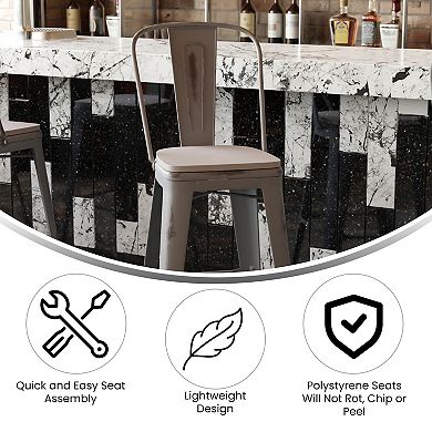 Emma and Oliver Nova Distressed Metal Stools with Backs and Polystyrene Seats for Indoor/Outdoor Use