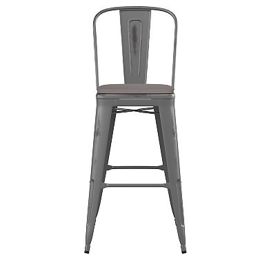 Emma and Oliver Nova Distressed Metal Stools with Backs and Polystyrene Seats for Indoor/Outdoor Use