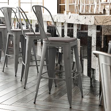 Emma and Oliver Nova Distressed Metal Stools with Backs and Polystyrene Seats for Indoor/Outdoor Use