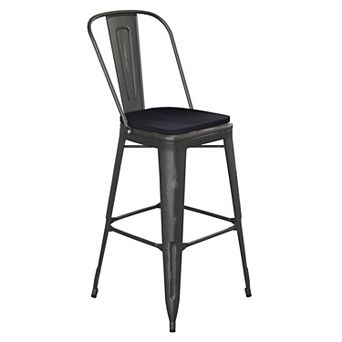 Emma and Oliver Nova Distressed Metal Stools with Backs and Polystyrene Seats for Indoor/Outdoor Use