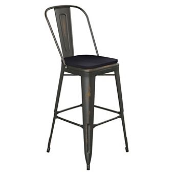Emma and Oliver Nova Distressed Metal Stools with Backs and Polystyrene Seats for Indoor/Outdoor Use