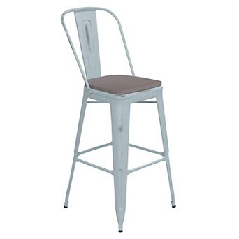 Emma and Oliver Nova Distressed Metal Stools with Backs and Polystyrene Seats for Indoor/Outdoor Use