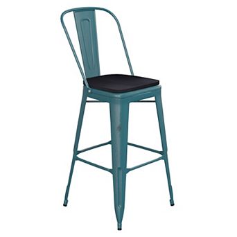 Emma and Oliver Nova Distressed Metal Stools with Backs and Polystyrene Seats for Indoor/Outdoor Use