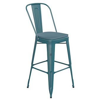 Emma and Oliver Nova Distressed Metal Stools with Backs and Polystyrene Seats for Indoor/Outdoor Use