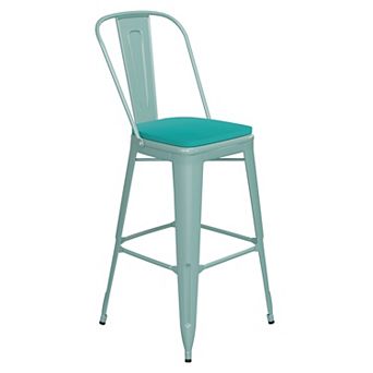 Emma and Oliver Nova Distressed Metal Stools with Backs and Polystyrene Seats for Indoor/Outdoor Use