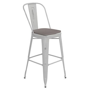Emma and Oliver Nova Distressed Metal Stools with Backs and Polystyrene Seats for Indoor/Outdoor Use