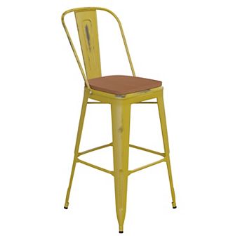Emma and Oliver Nova Distressed Metal Stools with Backs and Polystyrene Seats for Indoor/Outdoor Use