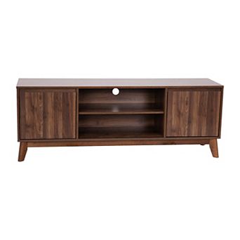 Emma and Oliver Beverly Mid-Century Modern Wooden TV Stand with Soft Close Doors, Shelf, Cord Management Hole and Tapered Legs