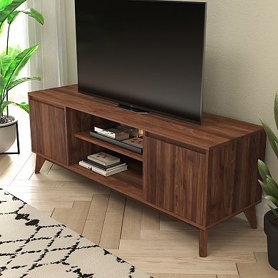 Emma and Oliver Beverly Mid-Century Modern Wooden TV Stand with Soft Close Doors, Shelf, Cord Management Hole and Tapered Legs