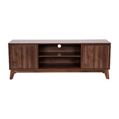 Emma and Oliver Beverly Mid-Century Modern Wooden TV Stand with Soft Close Doors, Shelf, Cord Management Hole and Tapered Legs