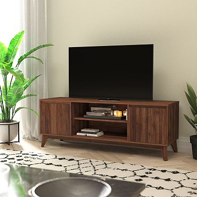 Emma and Oliver Beverly Mid-Century Modern Wooden TV Stand with Soft Close Doors, Shelf, Cord Management Hole and Tapered Legs
