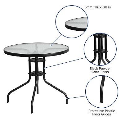 Emma and Oliver Five Piece Patio Table Set with Round Metal Table with Tempered Glass Top and 4 Flex Comfort Stacking Chairs