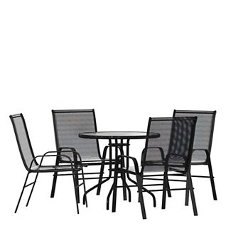 Emma and Oliver Five Piece Patio Table Set with Round Metal Table with Tempered Glass Top and 4 Flex Comfort Stacking Chairs