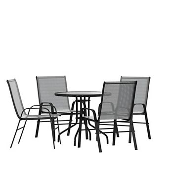 Emma and Oliver Five Piece Patio Table Set with Round Metal Table with Tempered Glass Top and 4 Flex Comfort Stacking Chairs