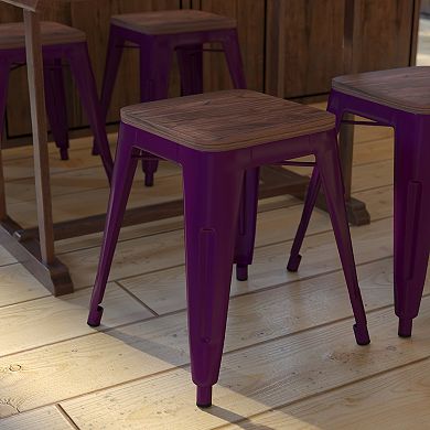 Emma and Oliver Set of Four Table Height Backless Stacking Welded Iron Stools with Wooden Seats and Under Seat Bracing for Indoor Use