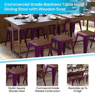 Emma and Oliver Set of Four Table Height Backless Stacking Welded Iron Stools with Wooden Seats and Under Seat Bracing for Indoor Use