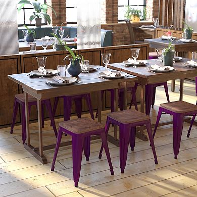 Emma and Oliver Set of Four Table Height Backless Stacking Welded Iron Stools with Wooden Seats and Under Seat Bracing for Indoor Use