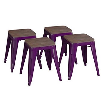 Emma and Oliver Set of Four Table Height Backless Stacking Welded Iron Stools with Wooden Seats
