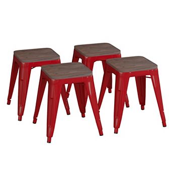 Emma and Oliver Set of Four Table Height Backless Stacking Welded Iron Stools with Wooden Seats