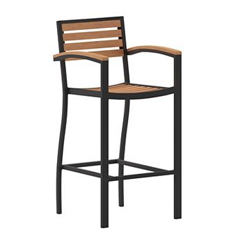 Emma and Oliver Commercial Grade Outdoor Bar Stool with Armrests and Poly Resin Slats