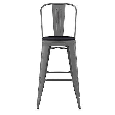 Emma and Oliver Grant Clear Coated Metal Stool with Backrest and Polyresin Seat for Indoor Use Only