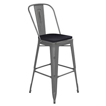 Emma and Oliver Grant Clear Coated Metal Stool with Backrest and Polyresin Seat for Indoor Use Only