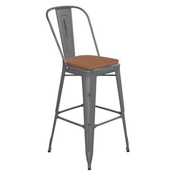 Emma and Oliver Grant Clear Coated Metal Stool with Backrest and Polyresin Seat for Indoor Use Only