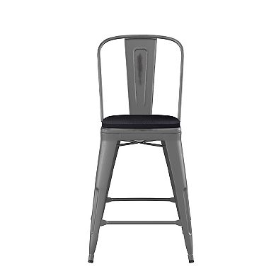 Emma and Oliver Grant Clear Coated Metal Stool with Backrest and Polyresin Seat for Indoor Use Only