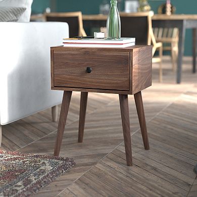 Emma and Oliver Beverly Mid-Century Modern Wooden Night Stand with Soft Close Drawer and Sleek Tapered Legs with Protective Floor Glides