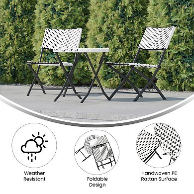 Emma and Oliver Ciel Three Piece Folding French Bistro Set in PE Rattan with Metal Frames for Indoor and Outdoor Use