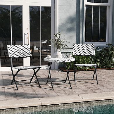 Emma and Oliver Ciel Three Piece Folding French Bistro Set in PE Rattan with Metal Frames for Indoor and Outdoor Use