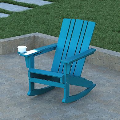 Emma and Oliver All-Weather Rocking Adirondack Chair with Swiveling Cupholder