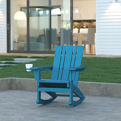 Emma and Oliver All-Weather Rocking Adirondack Chair with Swiveling Cupholder