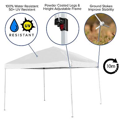 Emma and Oliver Portable Tailgate, Camping or Event Set with White Pop Up Event Canopy Tent with Carry Bag and Folding Table with Benches Set
