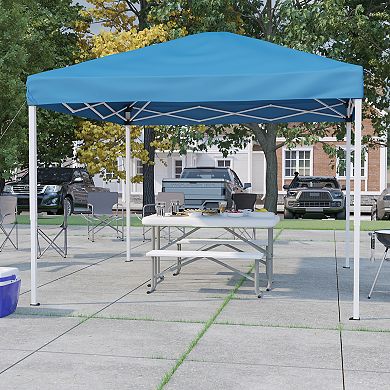 Emma and Oliver Portable Tailgate, Camping or Event Set with White Pop Up Event Canopy Tent with Carry Bag and Folding Table with Benches Set