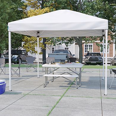 Emma and Oliver Portable Tailgate, Camping or Event Set with White Pop Up Event Canopy Tent with Carry Bag and Folding Table with Benches Set