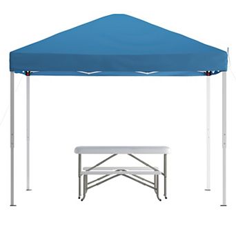 Emma and Oliver Portable Tailgate, Camping or Event Set with White Pop Up Event Canopy Tent with Carry Bag and Folding Table with Benches Set
